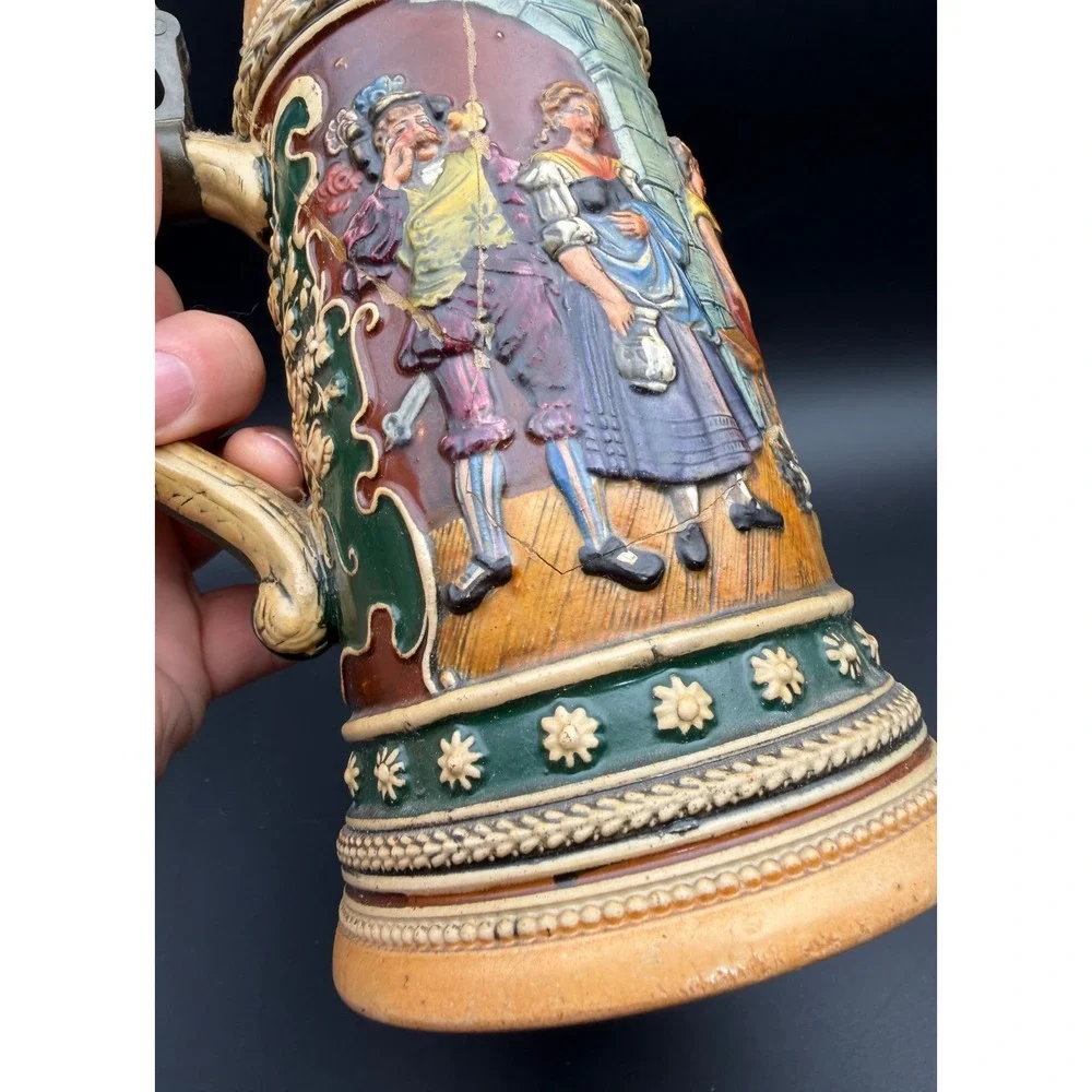 Antique German Beer Stein 0.5L Relief Scene Pewter Lid‎ Stoneware 531